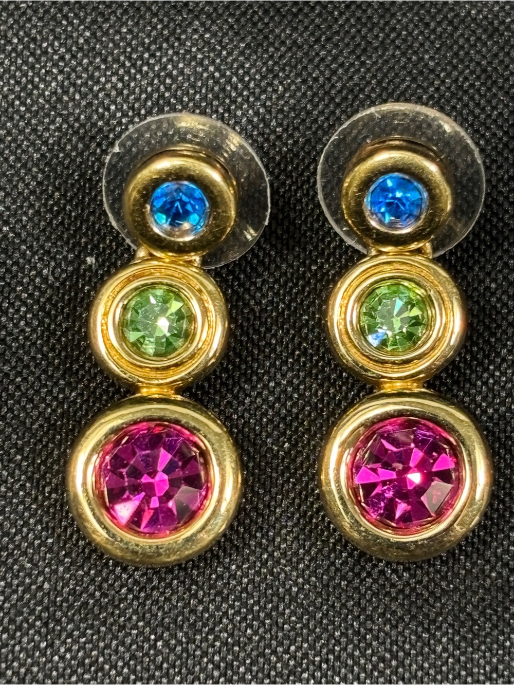 Vintage Swarovski Earrings Blue Fuchsia and Green Uranium Glass Stones 1 inch